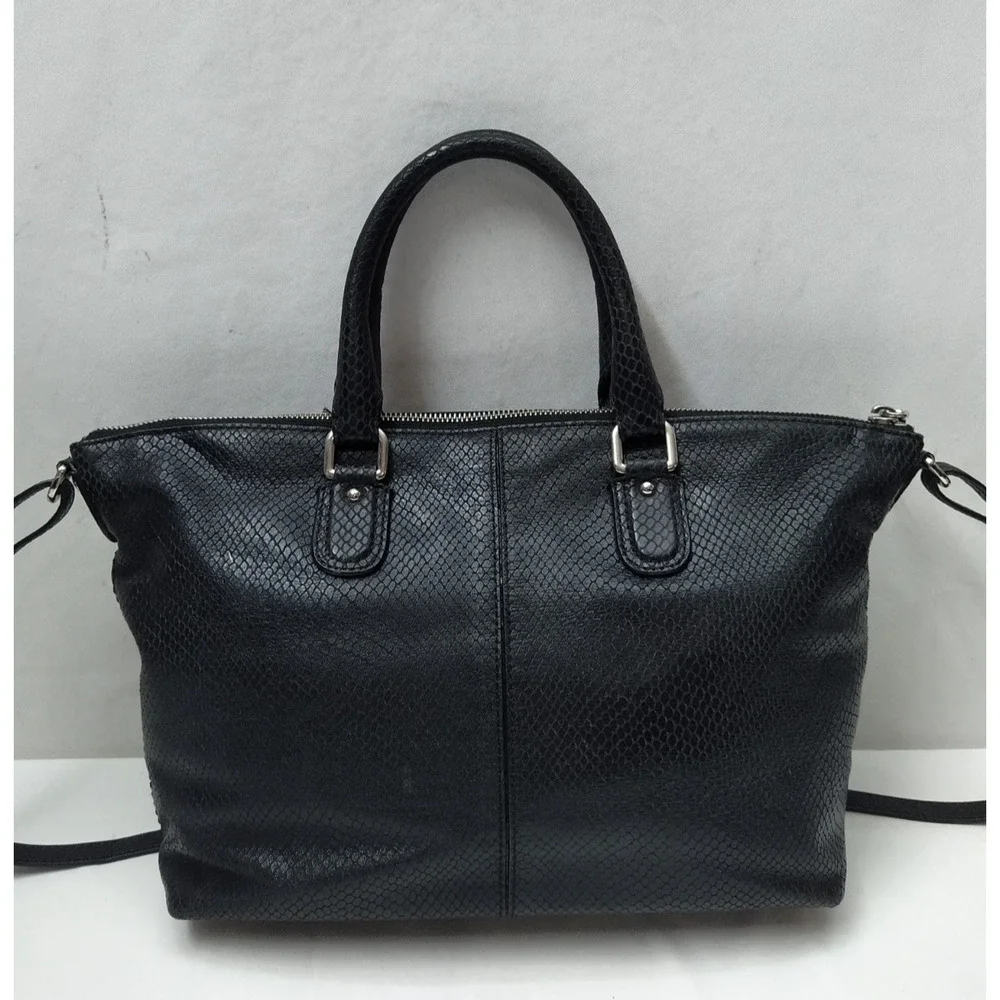 Cole Haan Black Leather Snakeskin Embossed Double Handles Satchel Bag